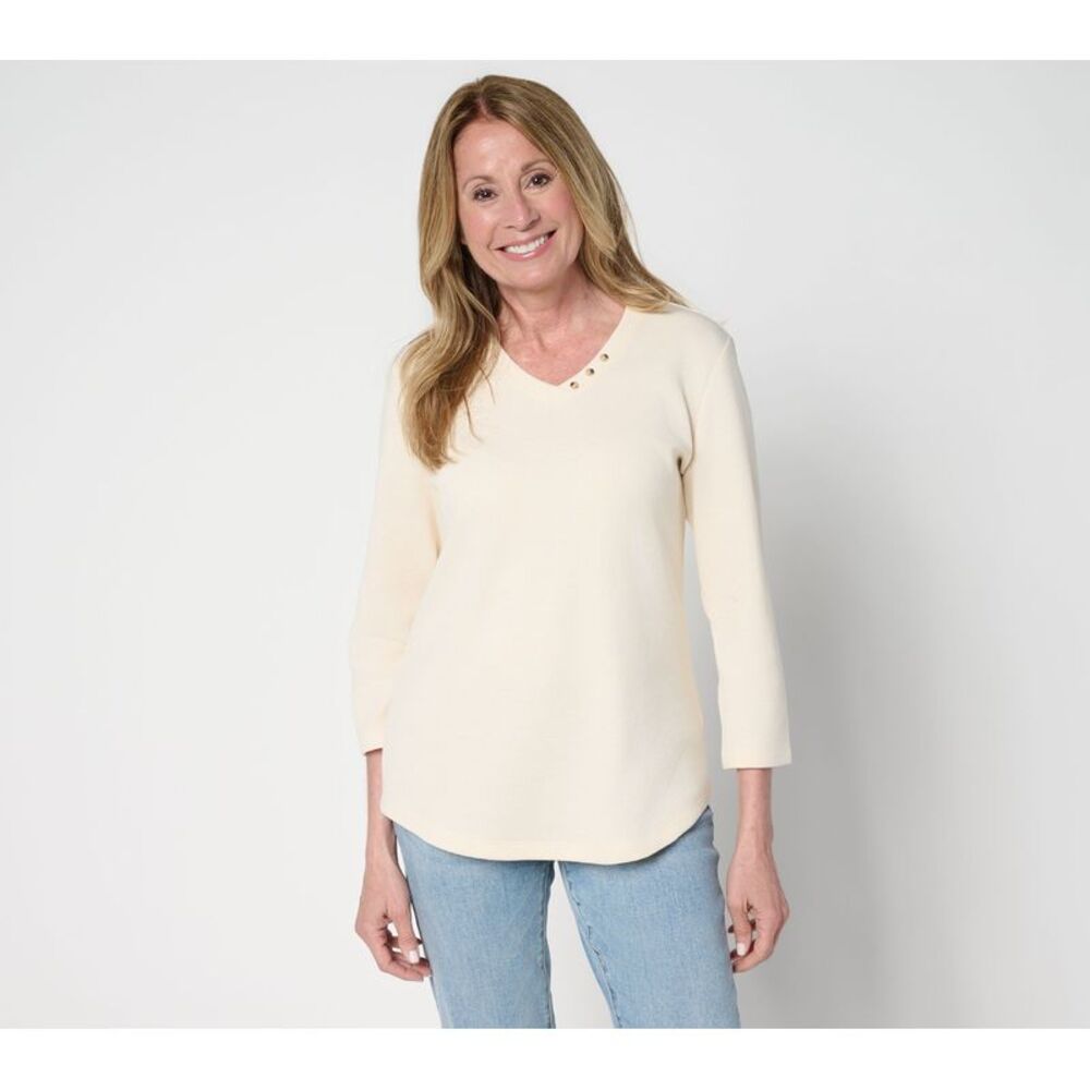 Denim & Co. Women's Top Sz L Essentials Waffle Knit V-Neck w Button White